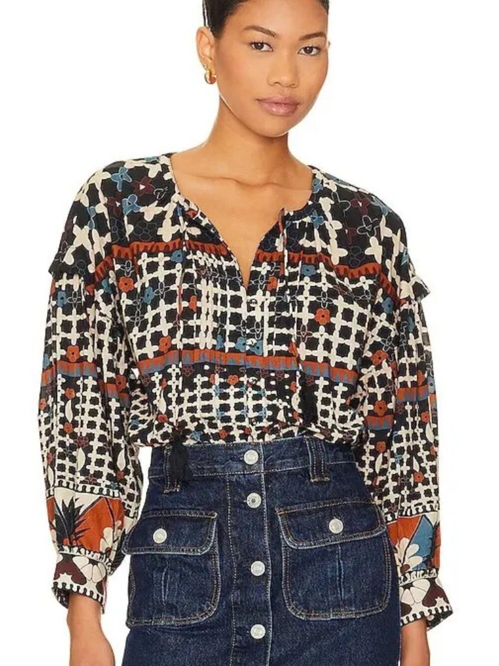 Cleobella Edith Blouse in Navy Blouse EUC Size XL Blouson Sleeves Boho